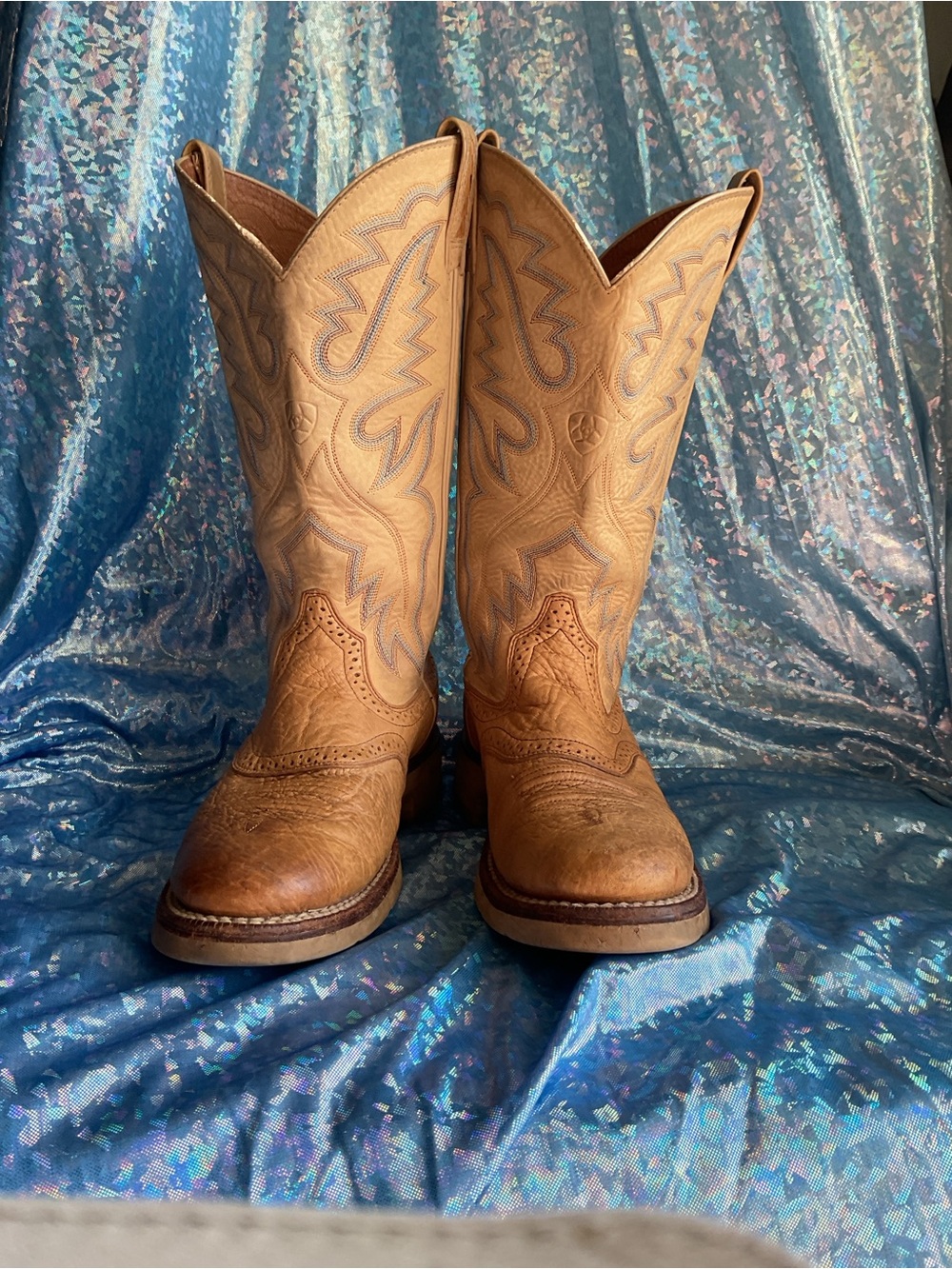 Ariat Bull Hide Tan Leather Western Boots with Decorative Stitching